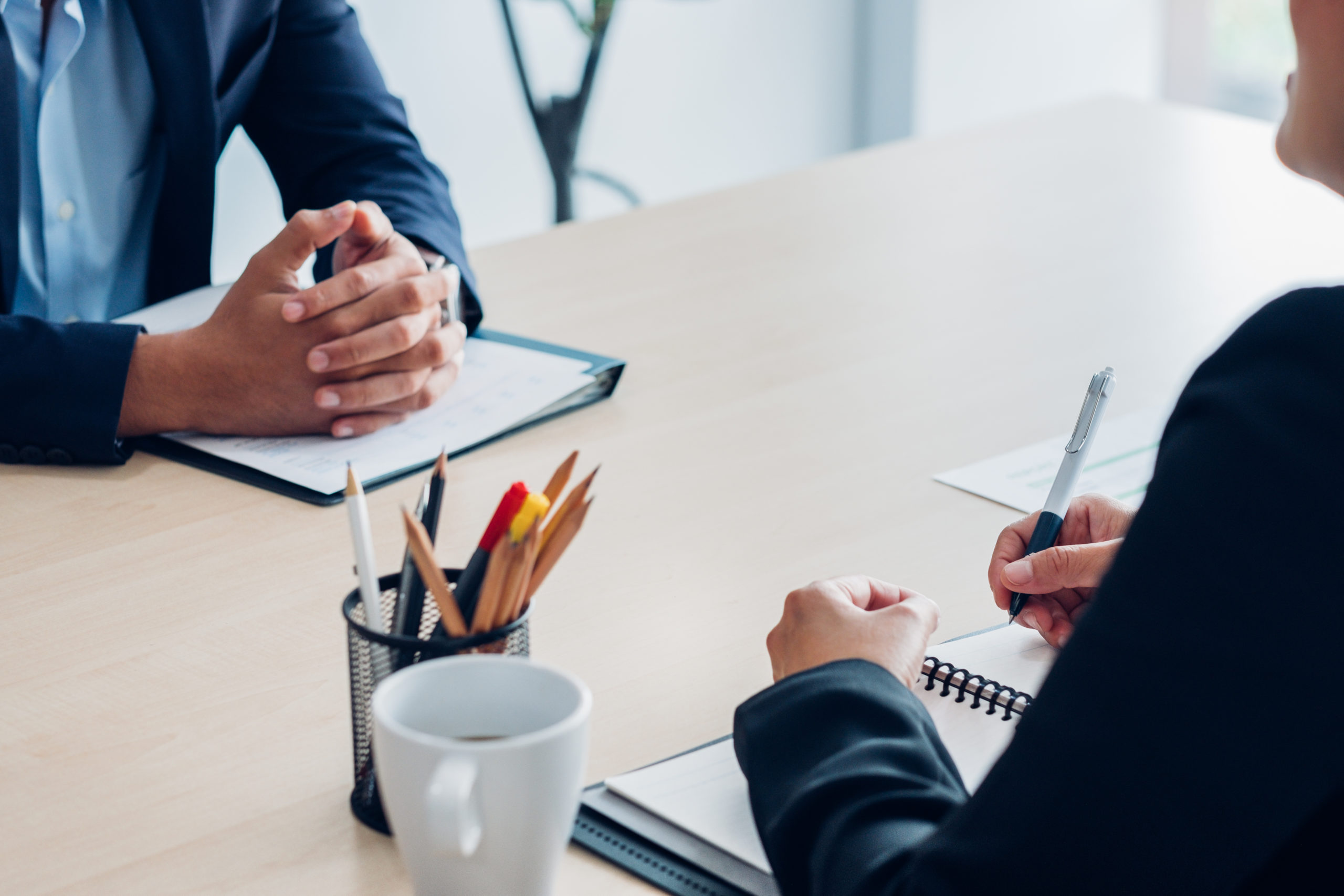 Close up interviewer interview candidate apply for job at meetin