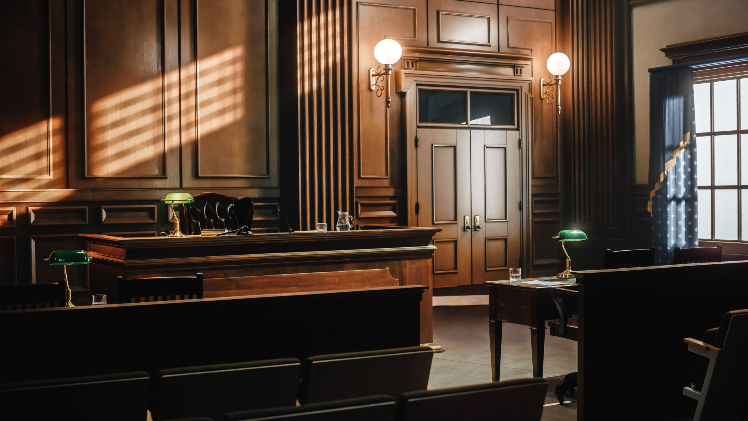 Empty American Style Courtroom. Supreme Court of Law and Justice