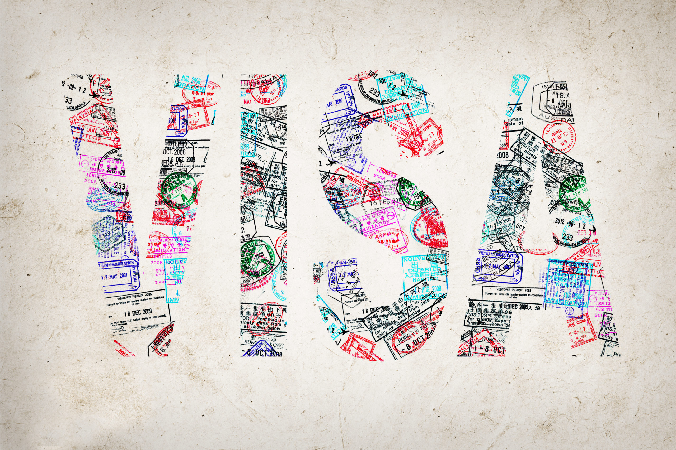 Word visa created with passport stamps on textured background, travel concept
