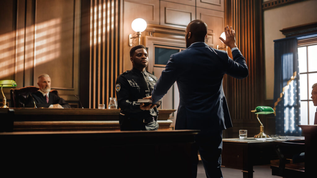 Law and Justice Court Case Witness Solemnly Swears that the Evidence He Shall Give Shall be the Truth and Nothing but the Truth Before Testifying to Lawyers and Judge in Courthouse.