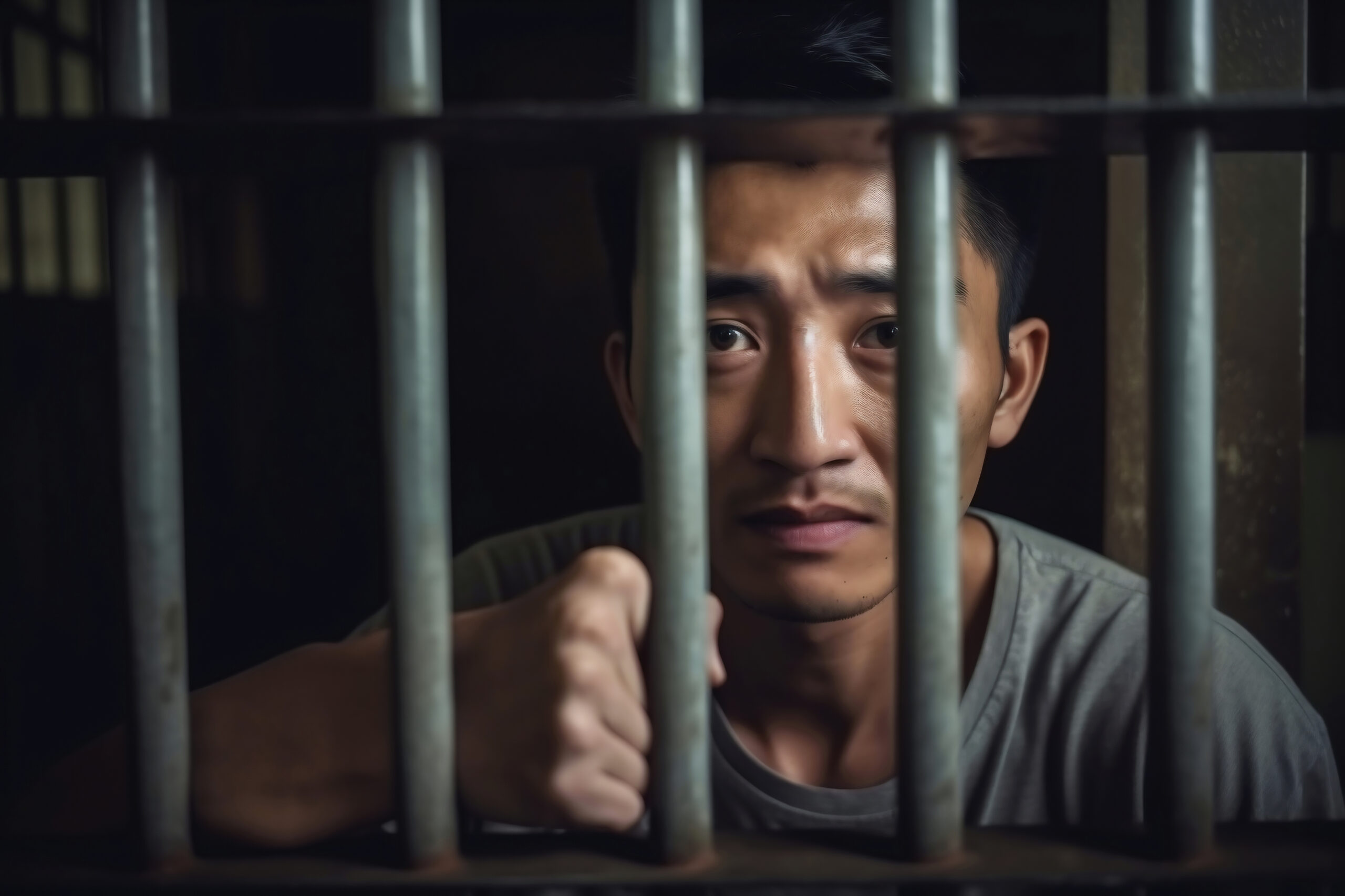 Photo of a man holding a bar in a jail cell